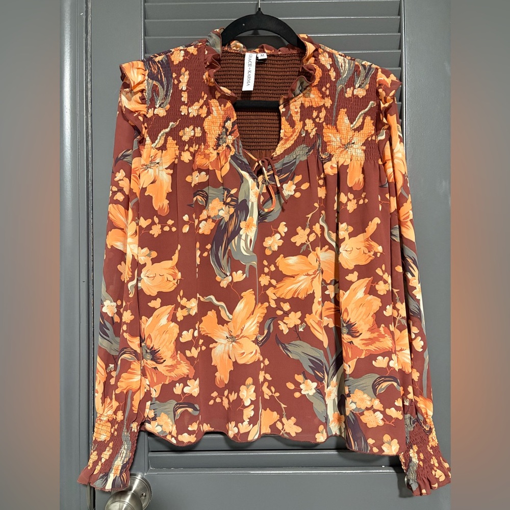 Smocked Floral Blouse in Rust Orange